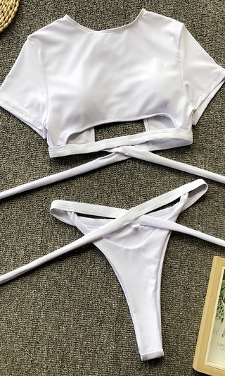 It's My Time <br><span>White Two Piece Bandage Short Sleeve Crop Top Cut Out Tie Thong Bikini Swimsuit <span>