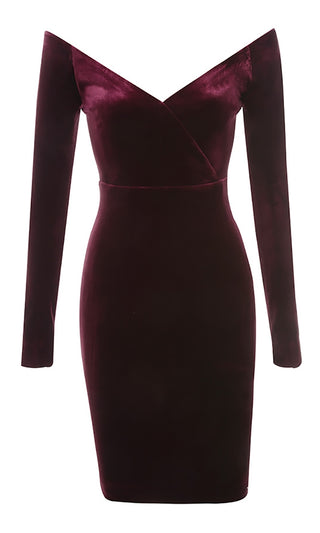 Ladies Choice Wine Burgundy Velvet Long Sleeve Off The Shoulder V Neck Bodycon Bandage Mini Dress