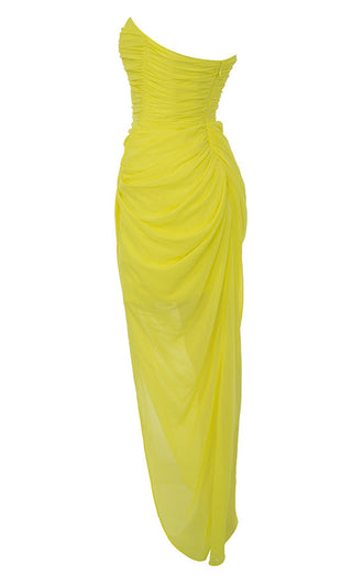 You're Extraordinary Mesh Bandage Draped Neck Bright Yellow Strapless Ruched Side Slit Asymmetric Bodycon Maxi Dress