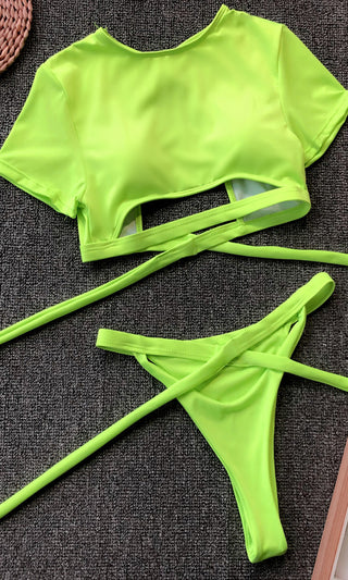 It's My Time <br><span>Neon Green Two Piece Bandage Short Sleeve Crop Top Cut Out Tie Thong Bikini Swimsuit <span>